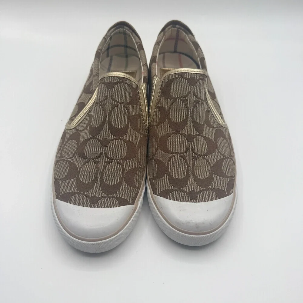 Coach Beale Slip On Sneakers Womens 10 Brown Gold Signature Monogram Shoe Y2K